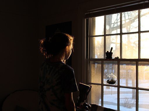 A girl looking through window